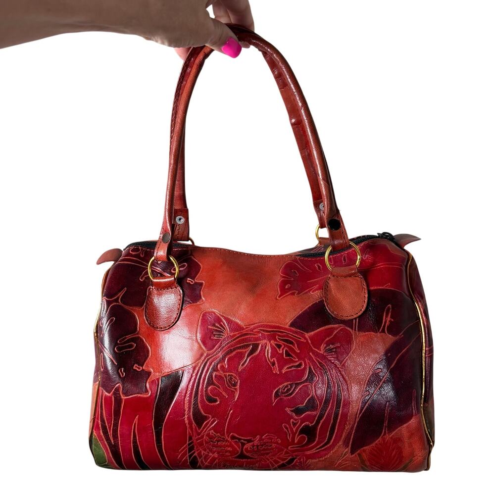 Genuine Leather Tiger Satchel Handbag Red Hand Tooled Artisan Made in India